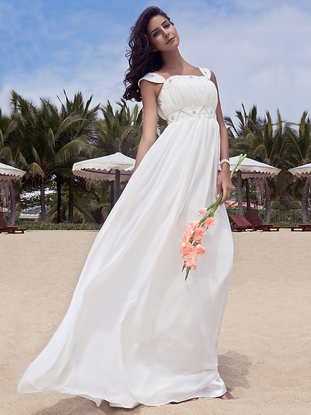  Beach Boho Wedding Dresses A-Line Square Neck Regular Straps Floor Length Chiffon Bridal Gowns With Beading Draping 2024