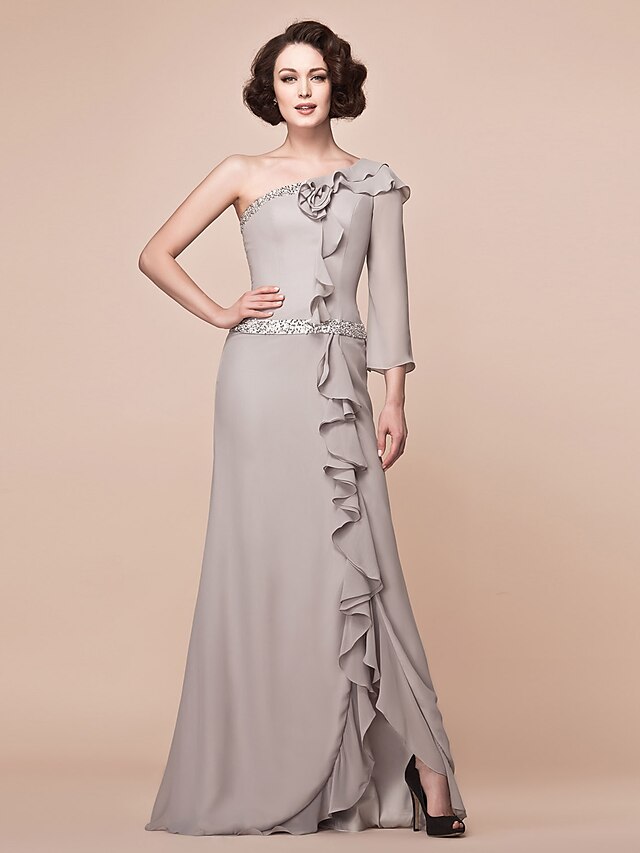  Sheath / Column One Shoulder Floor Length Chiffon Mother of the Bride Dress with Beading / Split Front / Ruffles by LAN TING BRIDE®