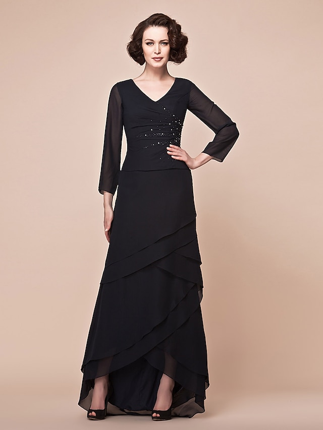  A-Line Mother of the Bride Dress Elegant High Low V Neck Asymmetrical Chiffon 3/4 Length Sleeve with Beading Side Draping 2023