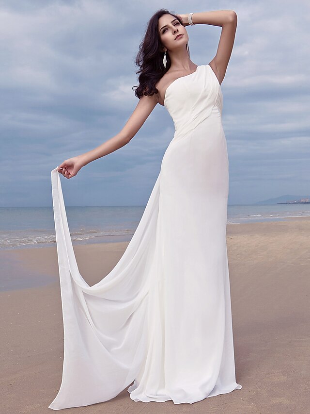  Beach Sheath / Column Wedding Dresses Sweep / Brush Train Romantic Regular Straps One Shoulder Chiffon With Side-Draped 2023 Summer Bridal Gowns