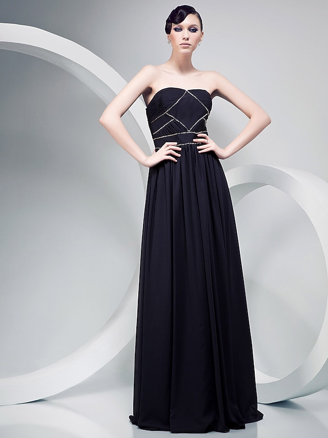  A-Line Celebrity Style Dress Formal Evening Military Ball Floor Length Sleeveless Strapless Chiffon with Ruched Beading Draping 2023