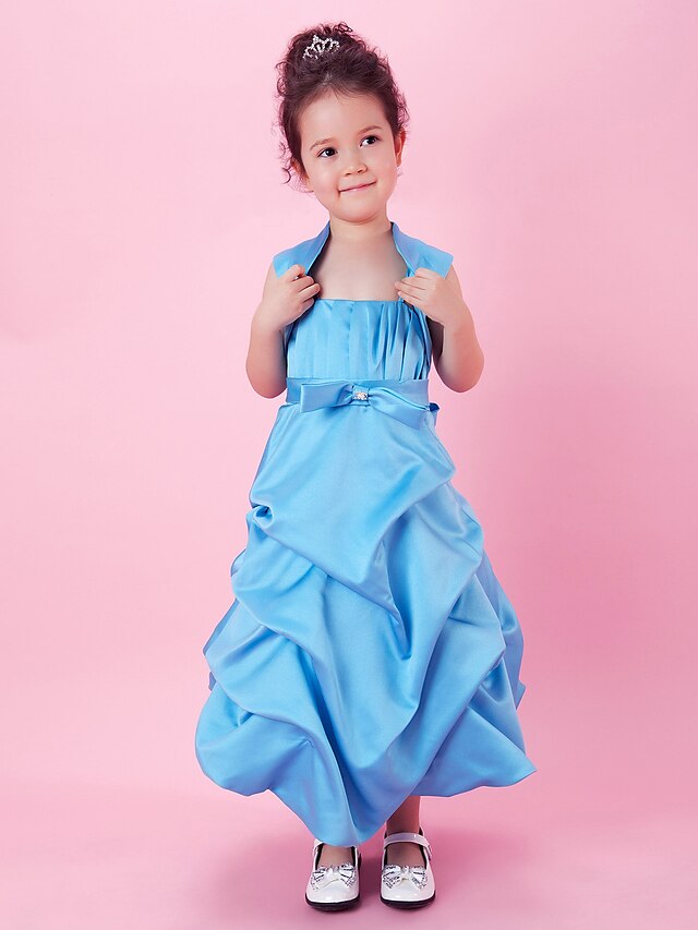  A-Line / Ball Gown Tea Length Flower Girl Dress - Satin Sleeveless Spaghetti Strap with Bow(s) / Draping / Pick Up Skirt by LAN TING BRIDE®