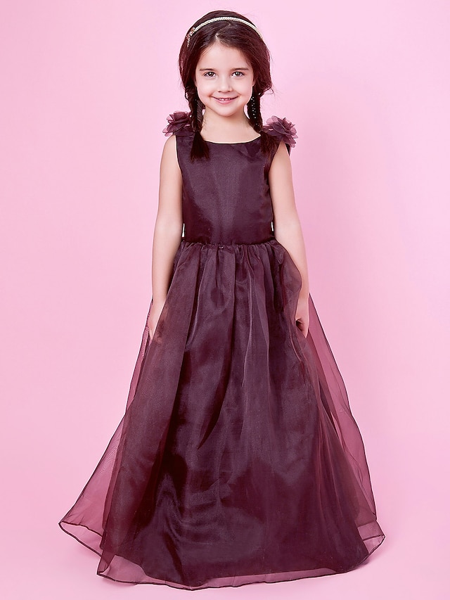  Princess Floor Length Flower Girl Dresses Wedding Party Organza Sleeveless Jewel Neck with Bow(s) / Fall / Winter / Spring