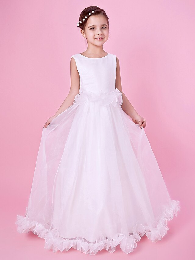  A-Line / Princess Floor Length Flower Girl Dress - Organza / Satin Sleeveless Jewel Neck with Ruffles by LAN TING BRIDE® / Spring / Fall / Winter / First Communion / Wedding Party