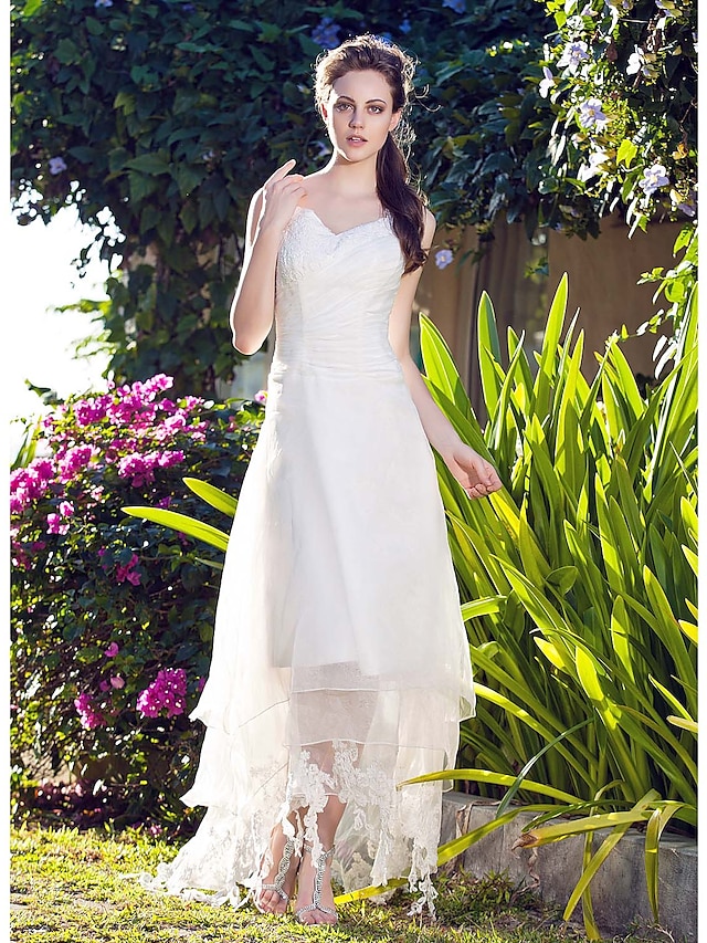  Beach Wedding Dresses A-Line Camisole V Neck Spaghetti Strap Asymmetrical Organza Bridal Gowns With Lace 2024
