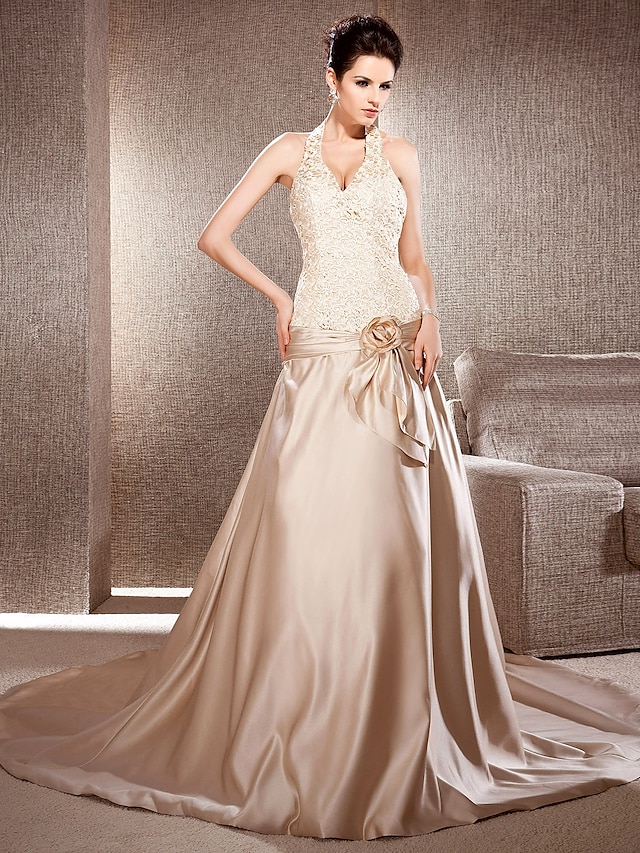  Wedding Dresses Princess V Neck Sleeveless Chapel Train Satin Bridal Gowns With Lace Ruched 2024