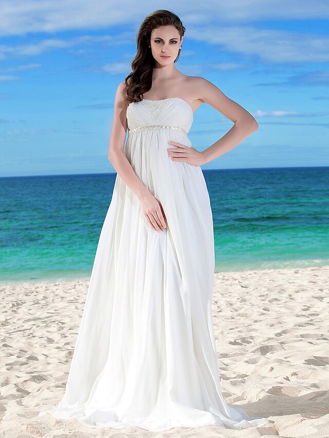  Beach Wedding Dresses A-Line Strapless Sleeveless Floor Length Chiffon Bridal Gowns With Sash / Ribbon Ruched 2024