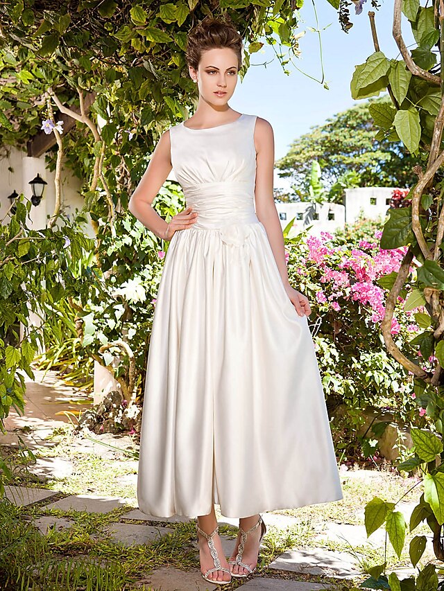  A-Line Wedding Dresses Scoop Neck Ankle Length Satin Sleeveless with Lace Sash / Ribbon Ruched 2020