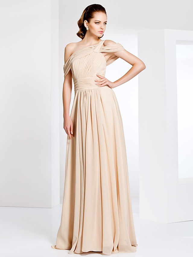  Sheath / Column Elegant Dress Formal Evening Military Ball Floor Length Short Sleeve One Shoulder Chiffon with Ruched Draping Side Draping 2024