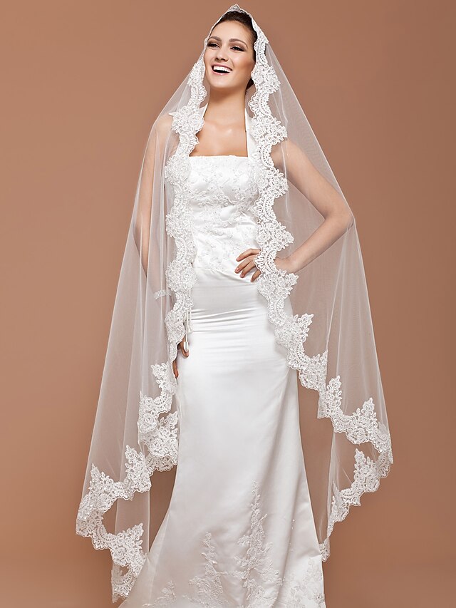  Wedding Veil One-tier Chapel Veils Lace Applique Edge 102.36 in (260cm) Tulle White IvoryA-line, Ball Gown, Princess, Sheath/ Column,