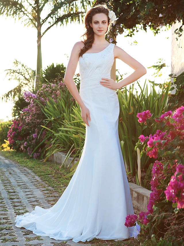  Beach Wedding Dresses Mermaid / Trumpet One Shoulder Sleeveless Court Train Chiffon Bridal Gowns With 2024