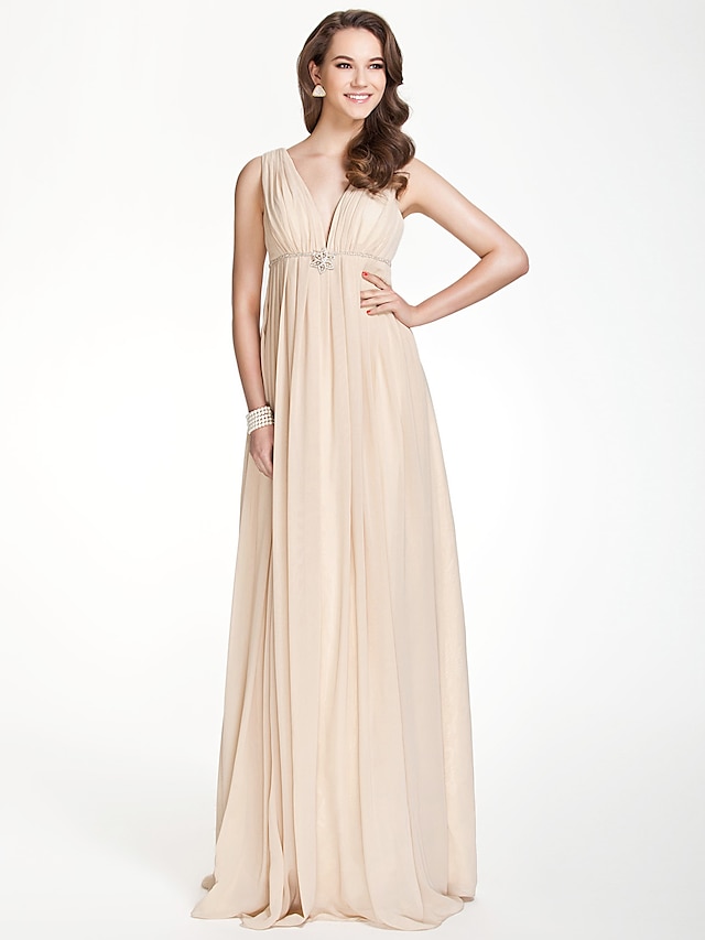  A-Line Bridesmaid Dress V Neck Sleeveless Beautiful Back Floor Length Chiffon with Pleats / Beading / Draping 2022