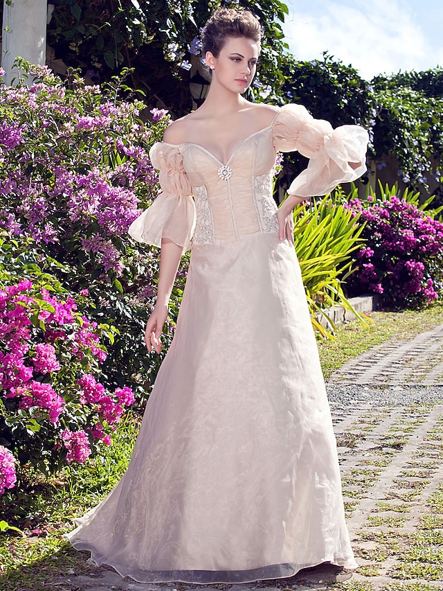 Beach Wedding Dresses Floor Length A-Line 3/4 Length Sleeve Off Shoulder Organza With 2023 Summer Bridal Gowns