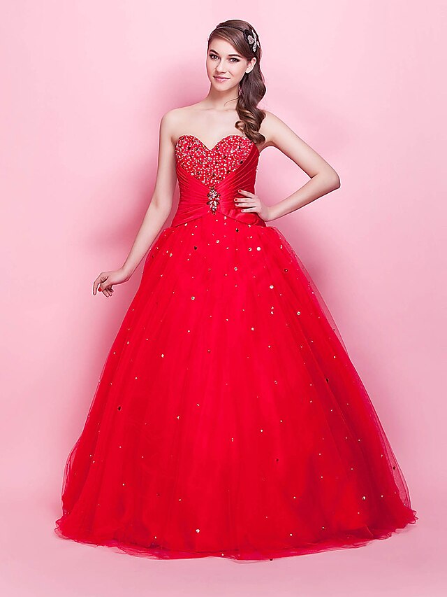  Ball Gown Celebrity Style Vintage Inspired Quinceanera Formal Evening Dress Strapless Sleeveless Floor Length Tulle with Beading Crystal Brooch 2020