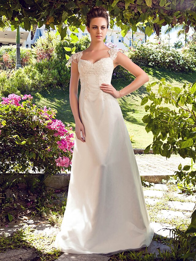  Wedding Dresses A-Line Sweetheart Cap Sleeve Floor Length Satin Bridal Gowns With Beading Appliques 2024