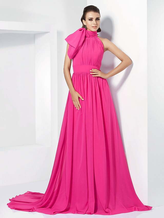  A-Line Celebrity Style Dress Engagement Court Train Sleeveless High Neck Chiffon with Bow(s) 2022