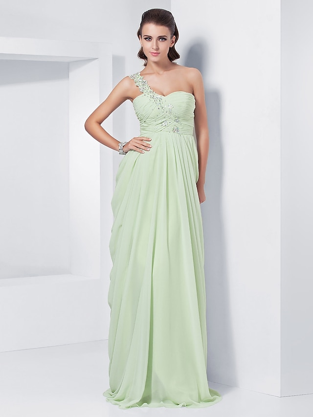  Sheath / Column Elegant Dress Prom Formal Evening Floor Length Sleeveless One Shoulder Chiffon with Appliques 2023