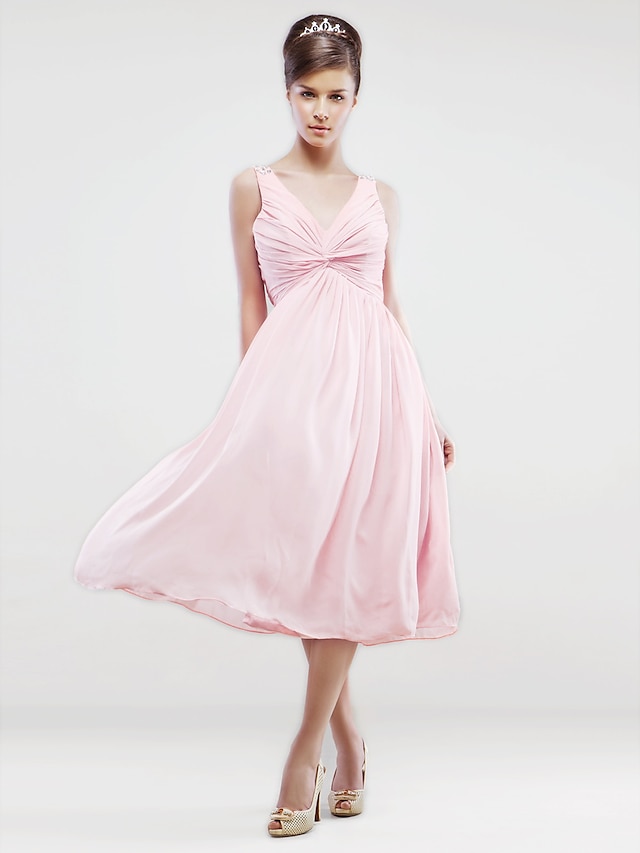 Clearance!A-line V-neck Knee-length Chiffon Bridesmaid/ Wedding Party Dress  With Side-draping 487245 2023 – $