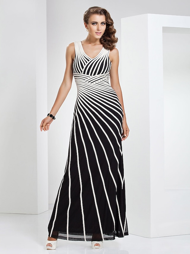  Sheath / Column Color Block Elegant Holiday Formal Evening Dress V Neck Sleeveless Floor Length Tulle Stretch Satin with Criss Cross 2020