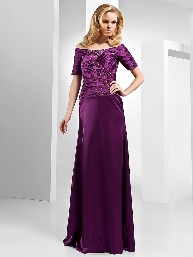  Sheath / Column Elegant Dress Formal Evening Floor Length Short Sleeve Off Shoulder Satin with Criss Cross Beading Appliques 2023