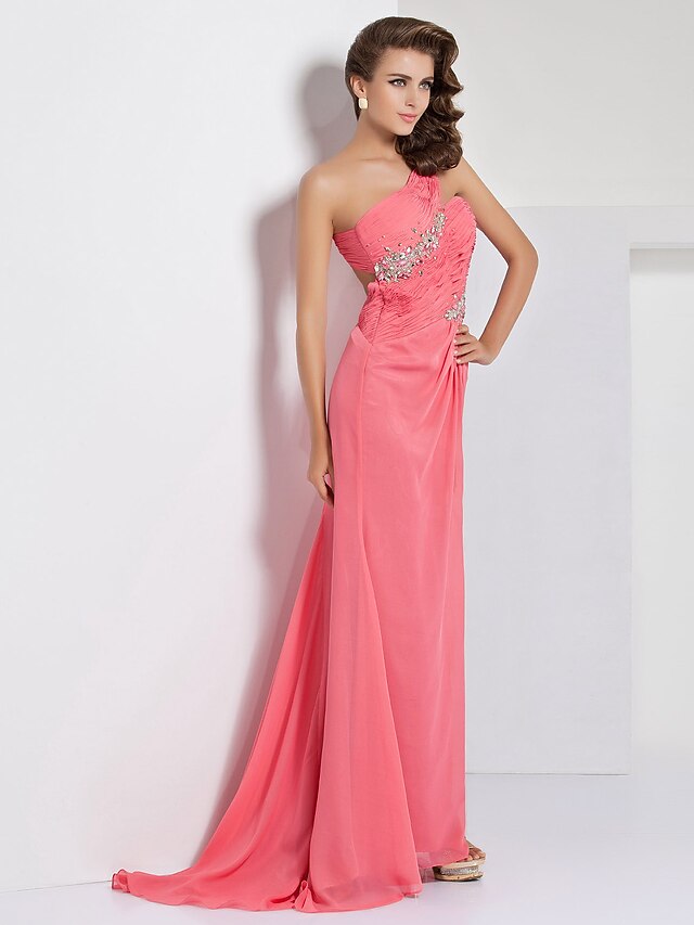  A-Line One Shoulder Sweep / Brush Train Chiffon Dress with Beading / Crystals / Side Draping by TS Couture®