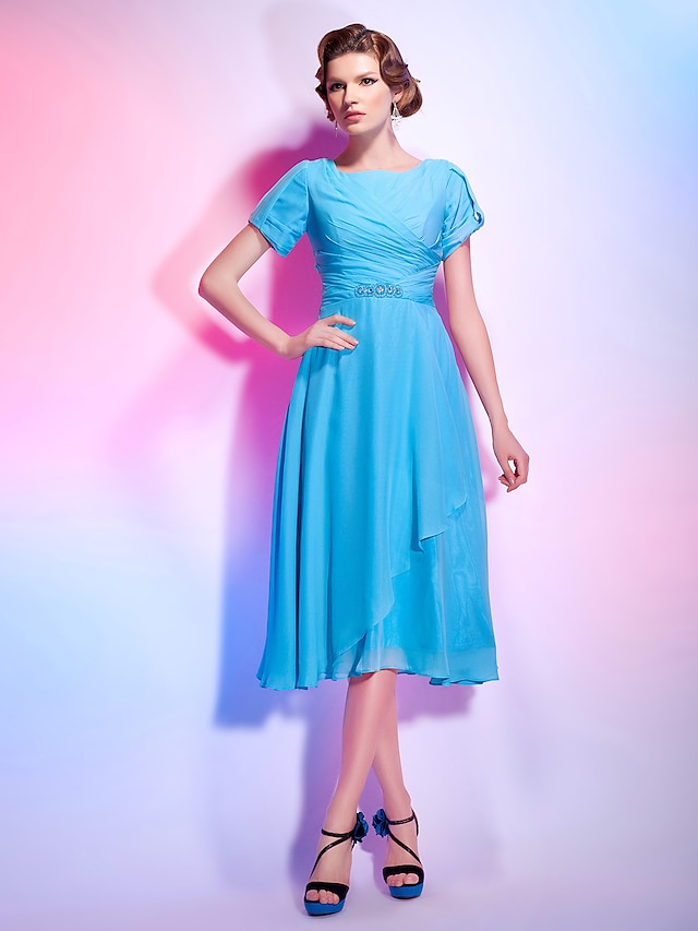  A-Line Jewel Neck Tea Length Chiffon Dress with Beading / Ruched by TS Couture®