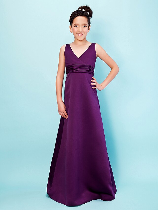  Princess / A-Line V Neck Floor Length Satin Junior Bridesmaid Dress with Sash / Ribbon / Ruched / Empire / Spring / Summer / Fall / Apple