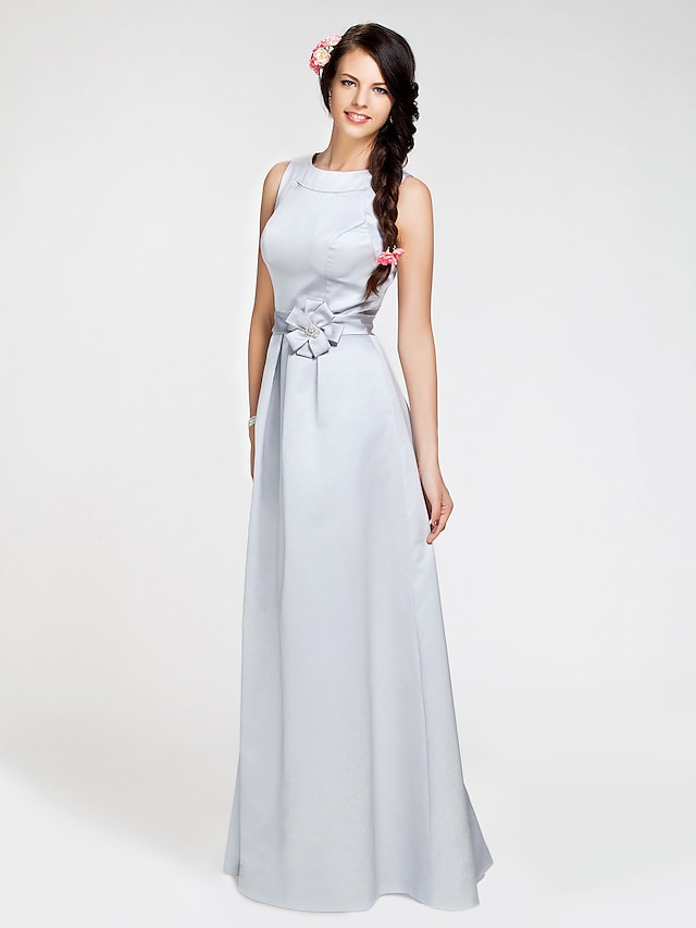  Ball Gown / A-Line Bateau Neck Floor Length Satin Bridesmaid Dress with Sash / Ribbon / Flower