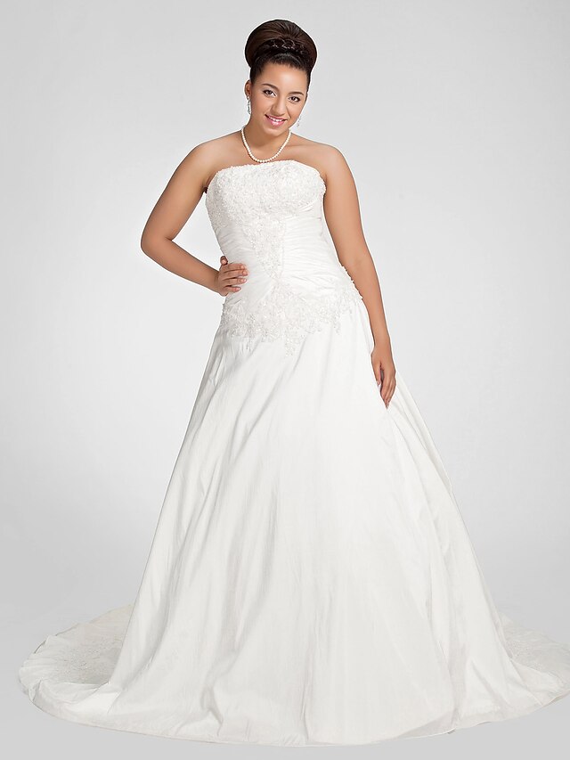  Plus Size A-Line Strapless Chapel Train Taffeta Made-To-Measure Wedding Dresses with Beading / Appliques / Ruched by LAN TING BRIDE®