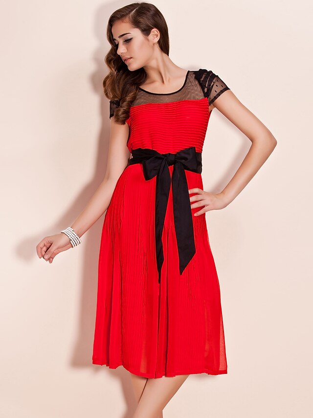  Czarny Sukienka - Krótki rękaw Vintage Czarny Czerwony