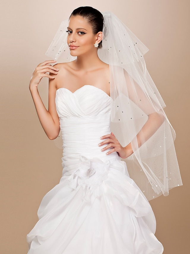 Four-tier Tulle Cut Edge Fingertip Wedding Veil With Sequin