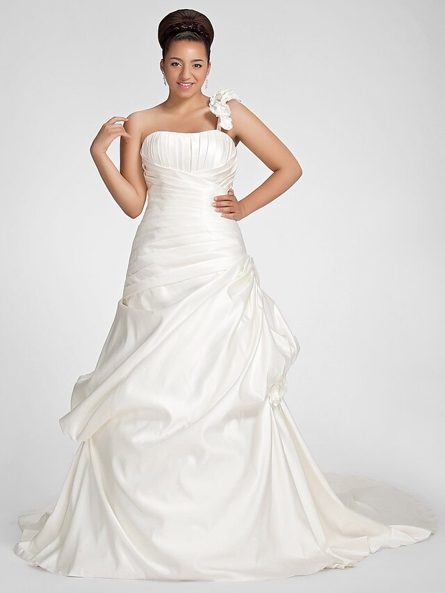  A-Linie Svatební šaty Jedno rameno Dlouhá vlečka Satén Bez ramínek Společenské Jednoduché Malé bílé Větší velikosti s Nabíraná sukně Nabírání Květiny 2021