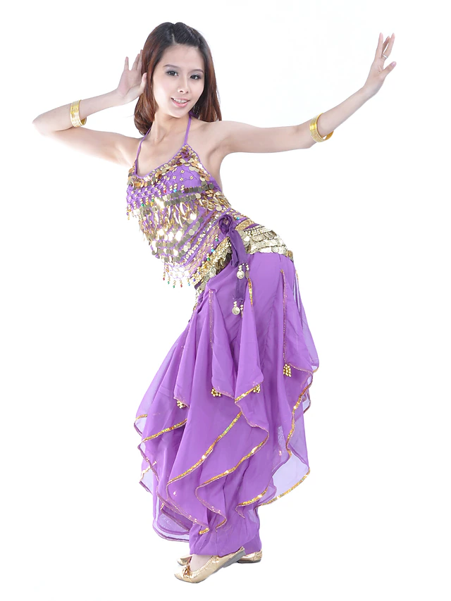 Belly Dance Outfit Belly Dance Coin Beading Women's Performance Sleeveless Natural Chiffon/Belly Dance Costume 5