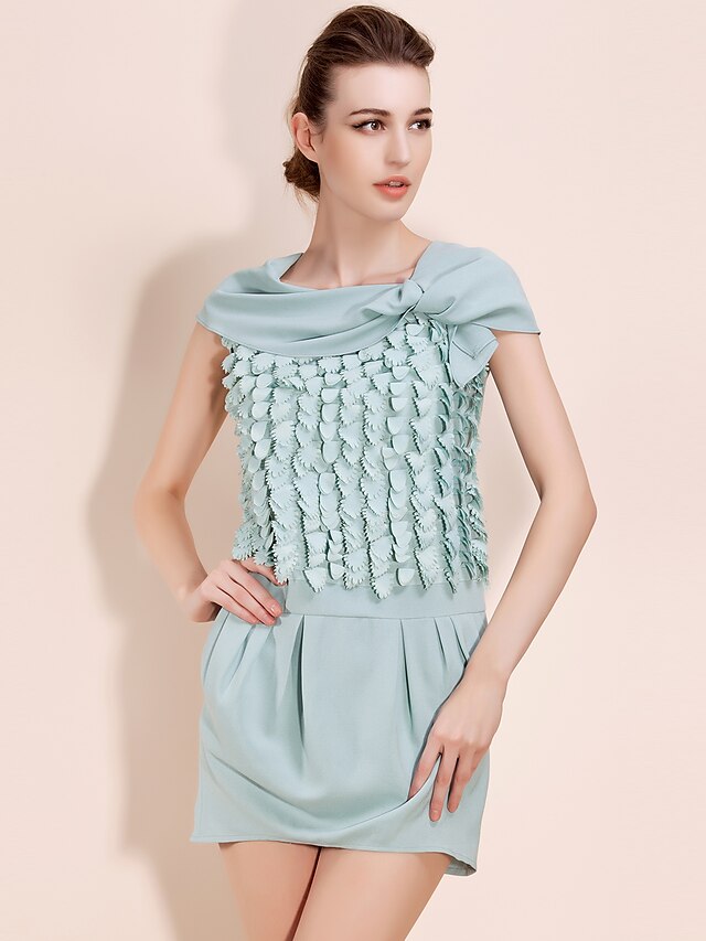  Cute Shift Mini Dress, Solid Bow Pleated Asymmetrical Sleeveless