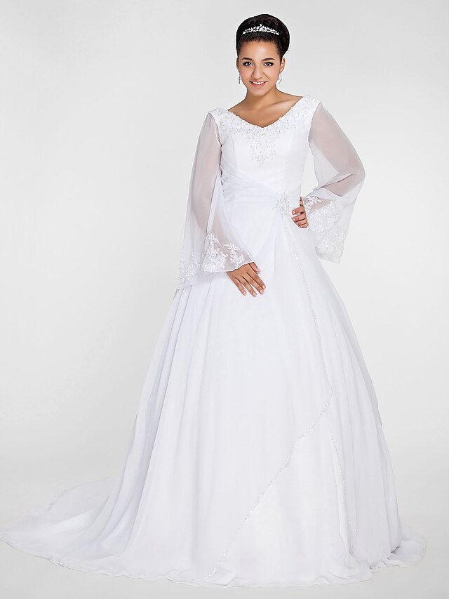  Ball Gown A-Line Wedding Dresses V Neck Court Train Chiffon Long Sleeve Formal Plus Size Illusion Sleeve with Beading Appliques 2022 / Bell Sleeve