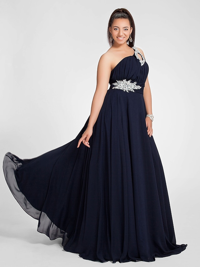  A-Line Cut Out Dress Prom Sweep / Brush Train Sleeveless One Shoulder Chiffon with Ruched Beading 2022 / Formal Evening / Open Back