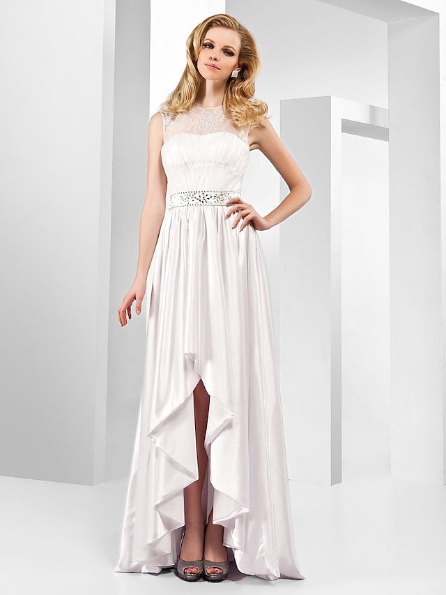  A-Linie Elegant Kleid Formeller Abend Asymmetrisch Ärmellos Schmuck Stretch Satin mit Spitze Kristall Verzierung 2024