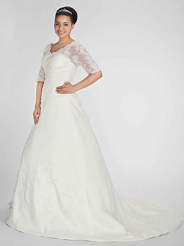  Svatební šaty A-Linie Do V Poloviční rukáv Extra dlouhá vlečka Taft Svatební šaty S Korálky Aplikace 2024