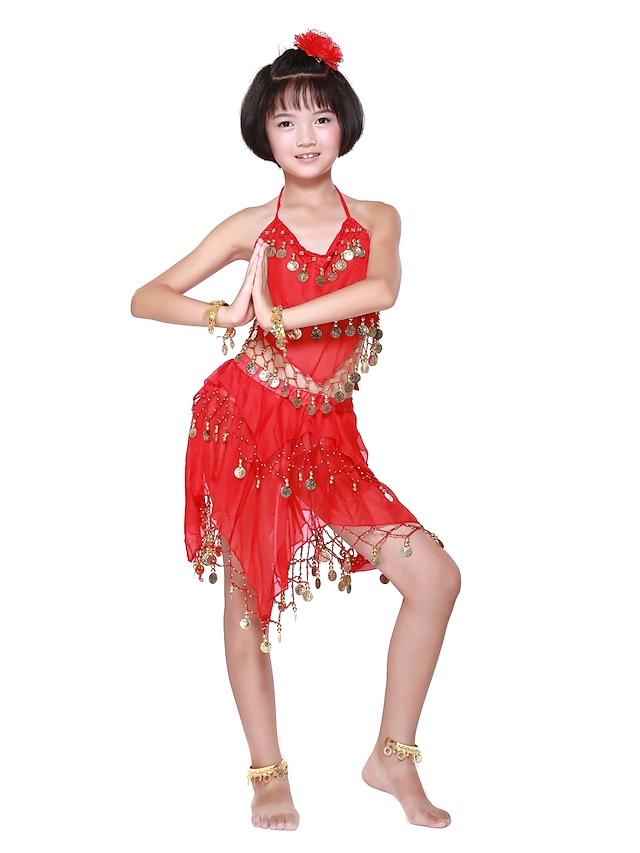  Dancewear Chiffon With Coins/Beading Performance Belly Dance Outfit For Kids More Colors