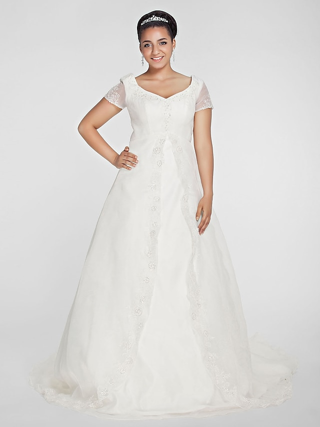  Wedding Dresses A-Line V Neck Short Sleeve Chapel Train Organza Bridal Gowns With Beading Appliques 2024