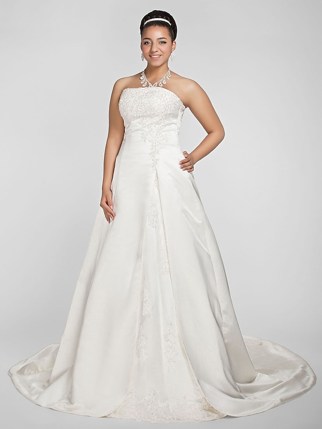  Ball Gown Wedding Dresses Strapless Chapel Train Satin Strapless Formal Plus Size with Beading Appliques 2021