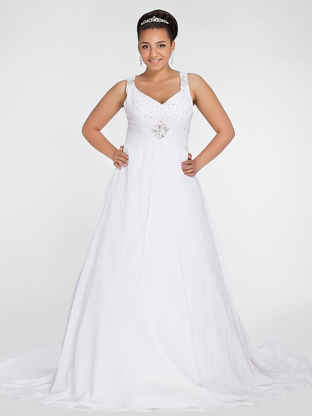  A-Line Wedding Dresses V Neck Chapel Train Chiffon Regular Straps Formal Sparkle & Shine Plus Size with Ruched Beading Draping 2022