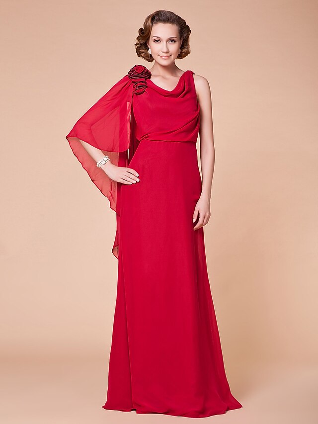  A-Line Mother of the Bride Dress Cowl Neck Straps Floor Length Chiffon Satin Sleeveless with Flower 2020