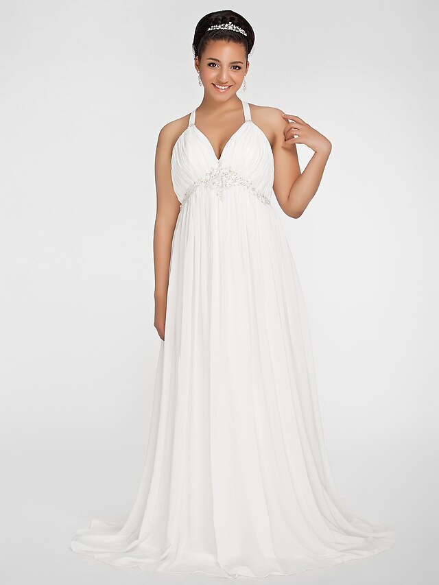  Sheath / Column Wedding Dresses V Neck Sweep / Brush Train Chiffon Sleeveless with Beading Draping Side-Draped 2021