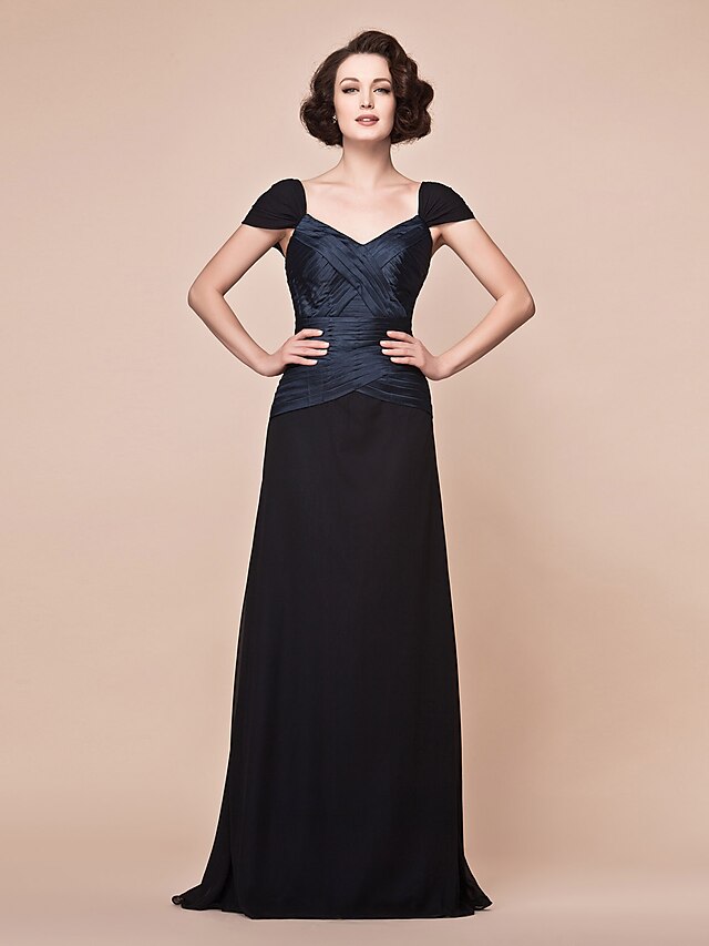  A-Line V Neck / Straps Floor Length Chiffon / Stretch Satin Mother of the Bride Dress with Criss Cross / Ruched by