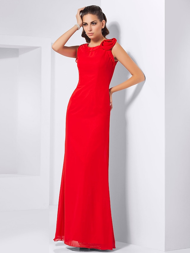  Sheath / Column Elegant Dress Prom Formal Evening Floor Length Sleeveless Jewel Neck Chiffon with Flower 2024