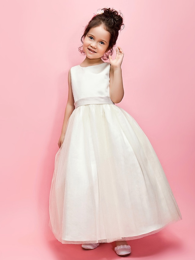  Ball Gown Ankle Length Flower Girl Dress First Communion Cute Prom Dress Satin with Sash / Ribbon Fit 3-16 Years