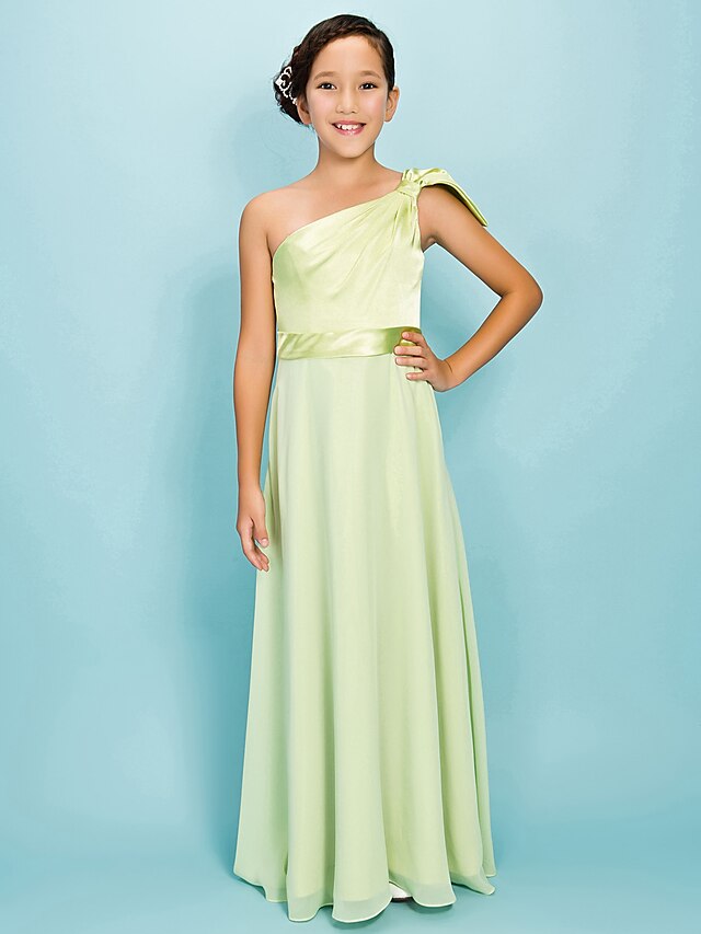  A-Line / Sheath / Column One Shoulder Floor Length Chiffon Junior Bridesmaid Dress with Bow(s) by LAN TING BRIDE® / Spring / Summer / Fall / Apple / Hourglass