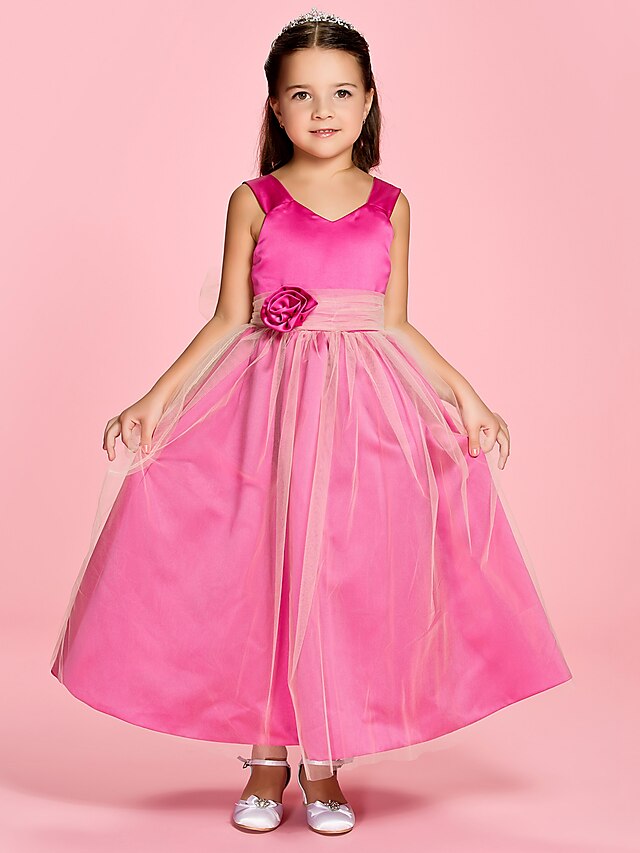  A-Line / Princess Ankle Length Flower Girl Dress - Satin / Tulle Sleeveless V Neck / Straps with Ruched / Flower by LAN TING BRIDE®