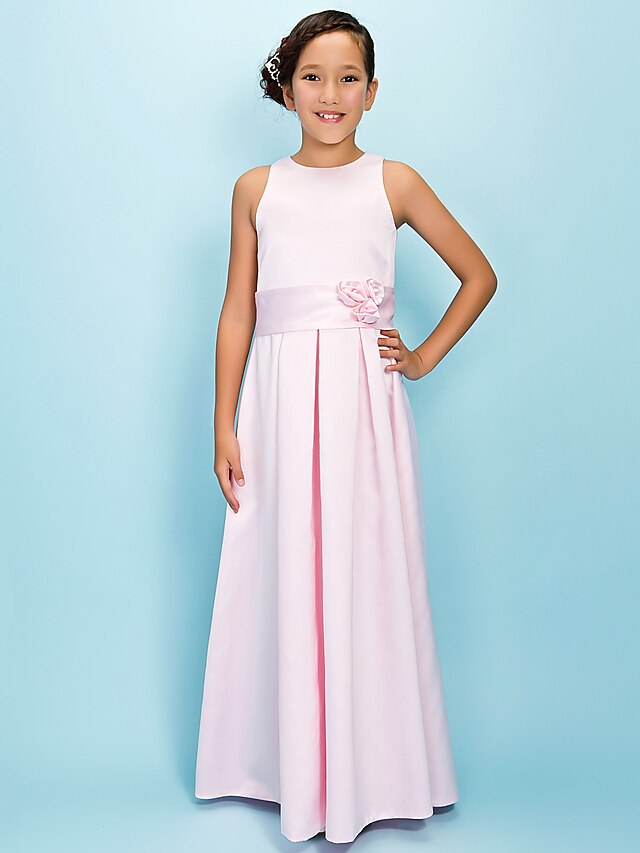  A-Line Floor Length Jewel Neck Satin Spring Junior Bridesmaid Dresses&Gowns With Sash / Ribbon Kids Wedding Guest Dress 4-16 Year